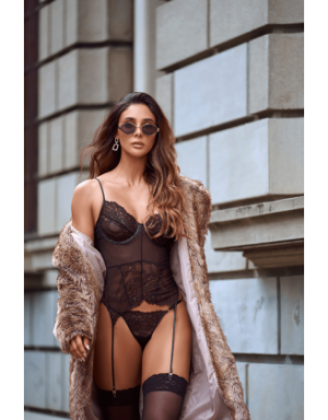 Ensemble 2 pièces avec bustier transparent à armatures et jarretelles noir - Mapalé