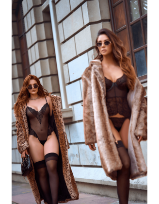 Ensemble 2 pièces avec bustier transparent à armatures et jarretelles noir - Mapalé