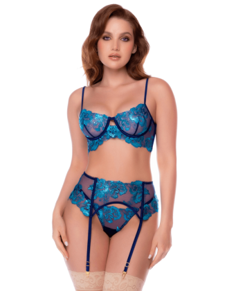 Ensemble 3 pièces bleu nuit brodé avec porte-jarretelles et string - Mapalé