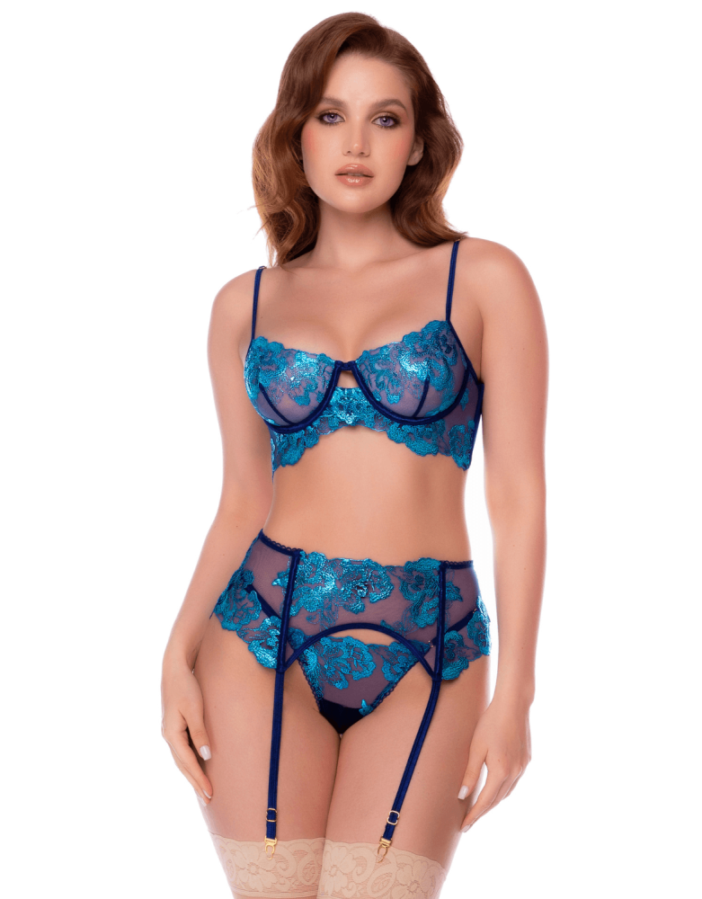 Ensemble 3 pièces bleu nuit brodé avec porte-jarretelles et string - Mapalé