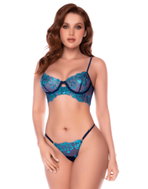Ensemble 3 pièces bleu nuit brodé avec porte-jarretelles et string - Mapalé