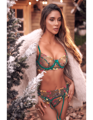 Ensemble 3 pièces vert aurore avec soutien-gorge brodé, porte-jarretelles et string - Mapalé