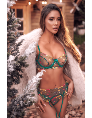 Ensemble 3 pièces vert aurore avec soutien-gorge brodé, porte-jarretelles et string - Mapalé