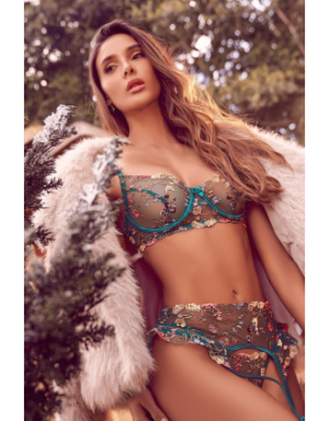 Ensemble 3 pièces vert aurore avec soutien-gorge brodé, porte-jarretelles et string - Mapalé