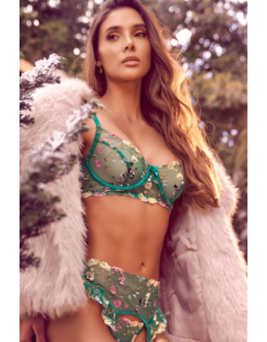 Ensemble 3 pièces vert aurore avec soutien-gorge brodé, porte-jarretelles et string - Mapalé