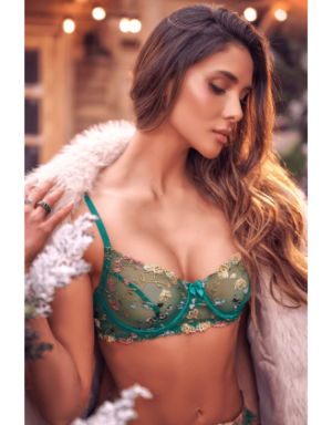 Ensemble 3 pièces vert aurore avec soutien-gorge brodé, porte-jarretelles et string - Mapalé