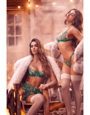 Ensemble 3 pièces vert aurore avec soutien-gorge brodé, porte-jarretelles et string - Mapalé