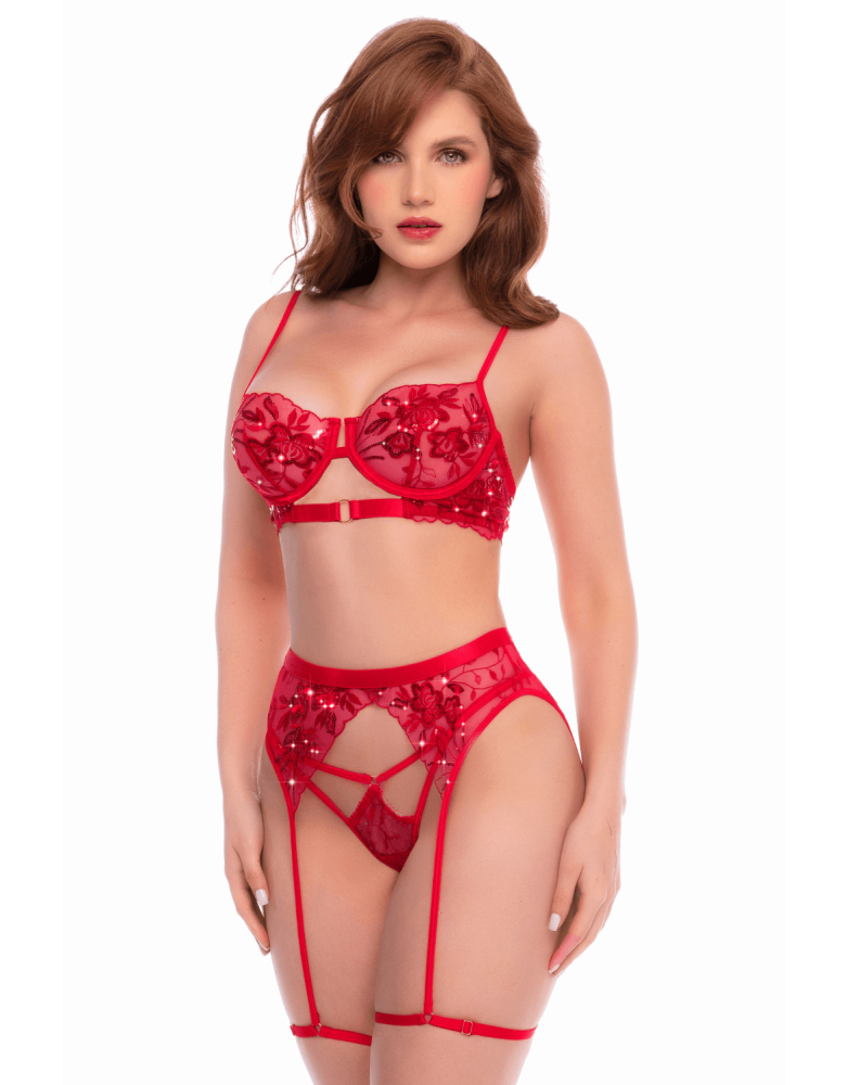 Ensemble 3 pièces rouge écarlate avec soutien-gorge brodé de sequins, porte-jarretelles et string - Mapalé