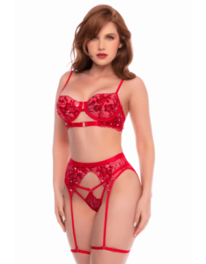 Ensemble 3 pièces rouge écarlate avec soutien-gorge brodé de sequins, porte-jarretelles et string - Mapalé