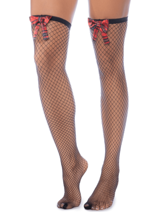 Bas résille noire avec nœuds rouges écossais