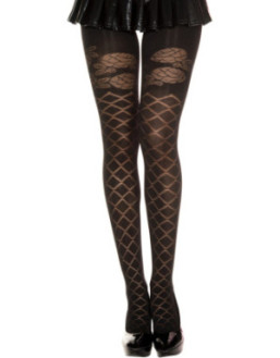 Collant semi opaque noir effet croisillons et fleurs