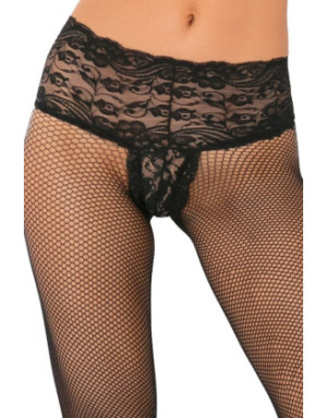 Collant noir résille effet string brésilien dentelle florale et coutures arrières