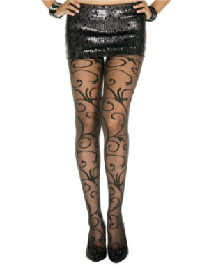 Collant fantaisie noir nylon avec fioritures