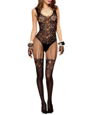 Bodystocking dentelle noire effet bas sexy et jarretelles fils