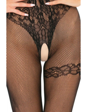 Bodystocking noir résille effet body string et jarretière