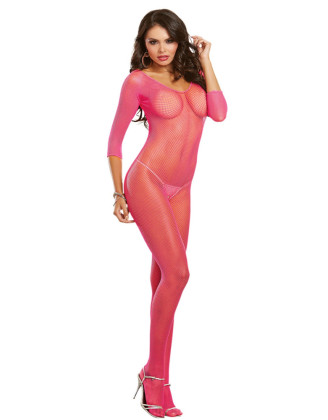 Bodystocking rose fluo résille ouvert à l'entre-jambes