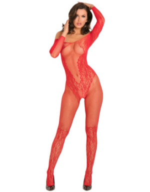 Bodystocking rouge effet body ouvert à l'entre-jambes et sur les fesses