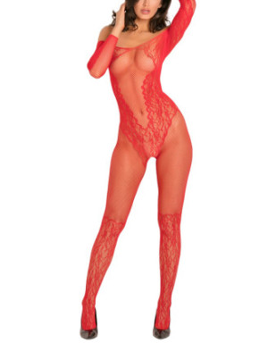 Bodystocking rouge effet body ouvert à l'entre-jambes et sur les fesses