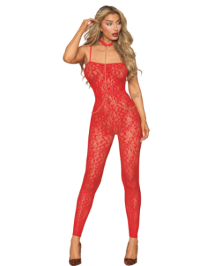 Bodystocking sans couture, fantaisie rouge avec chainettes amovibles