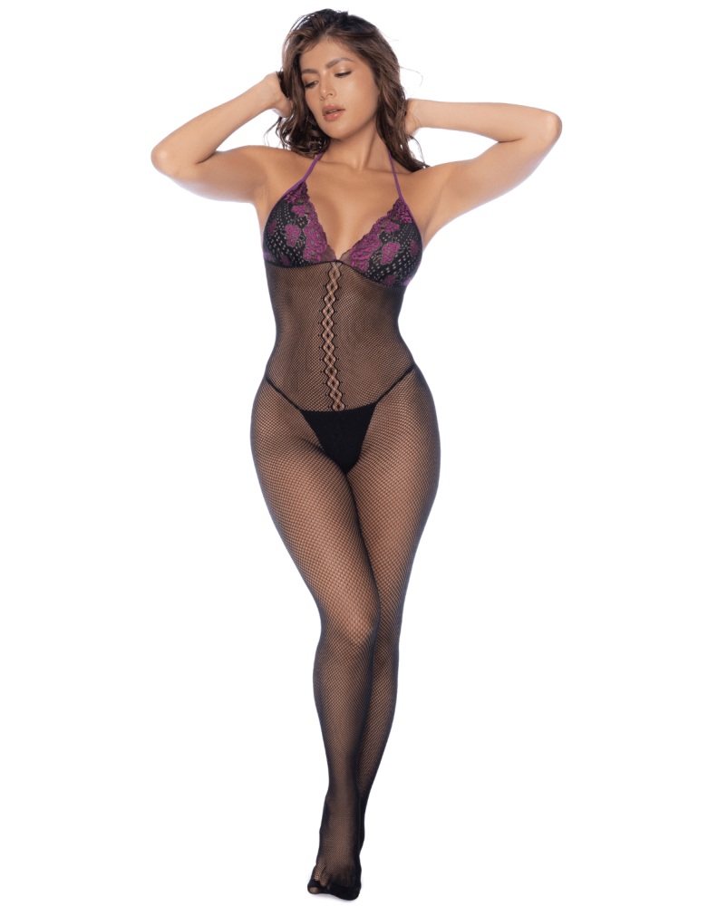 Combinaison en résille et dentelle noire et violette