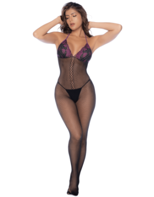 Combinaison en résille et dentelle noire et violette