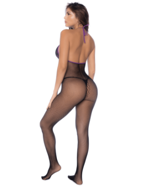 Combinaison en résille et dentelle noire et violette