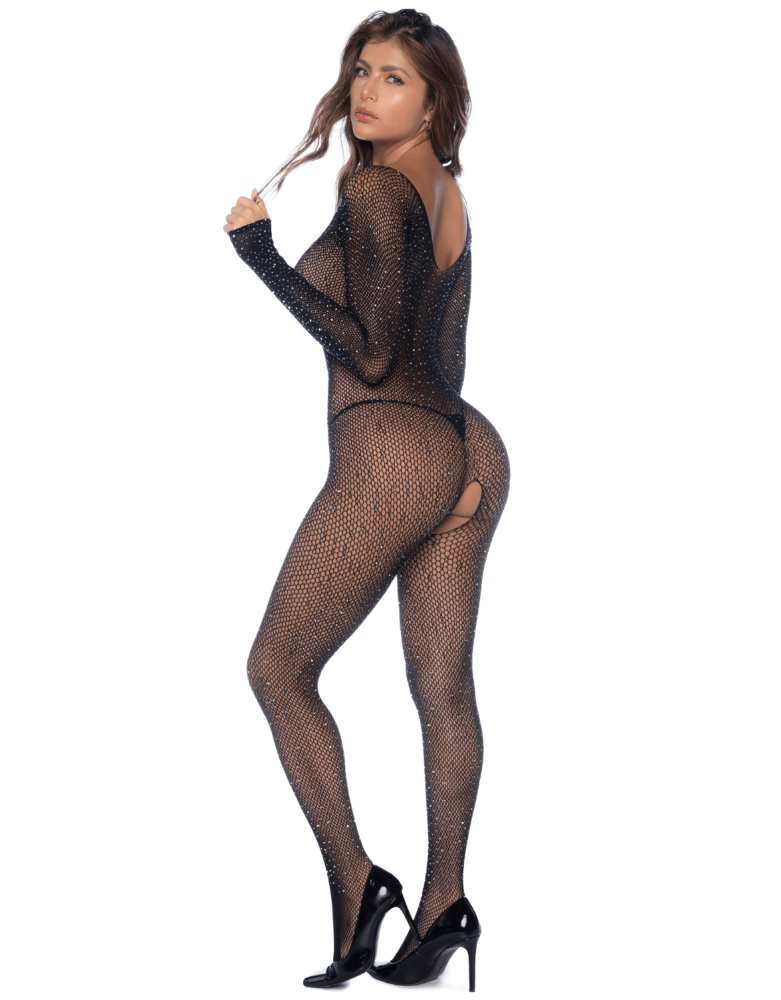 Combinaison noire en résille ornée de strass
