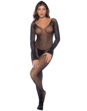 Combinaison noire en résille ornée de strass