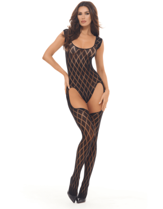 Combinaison body en résille noire avec bas intégrés