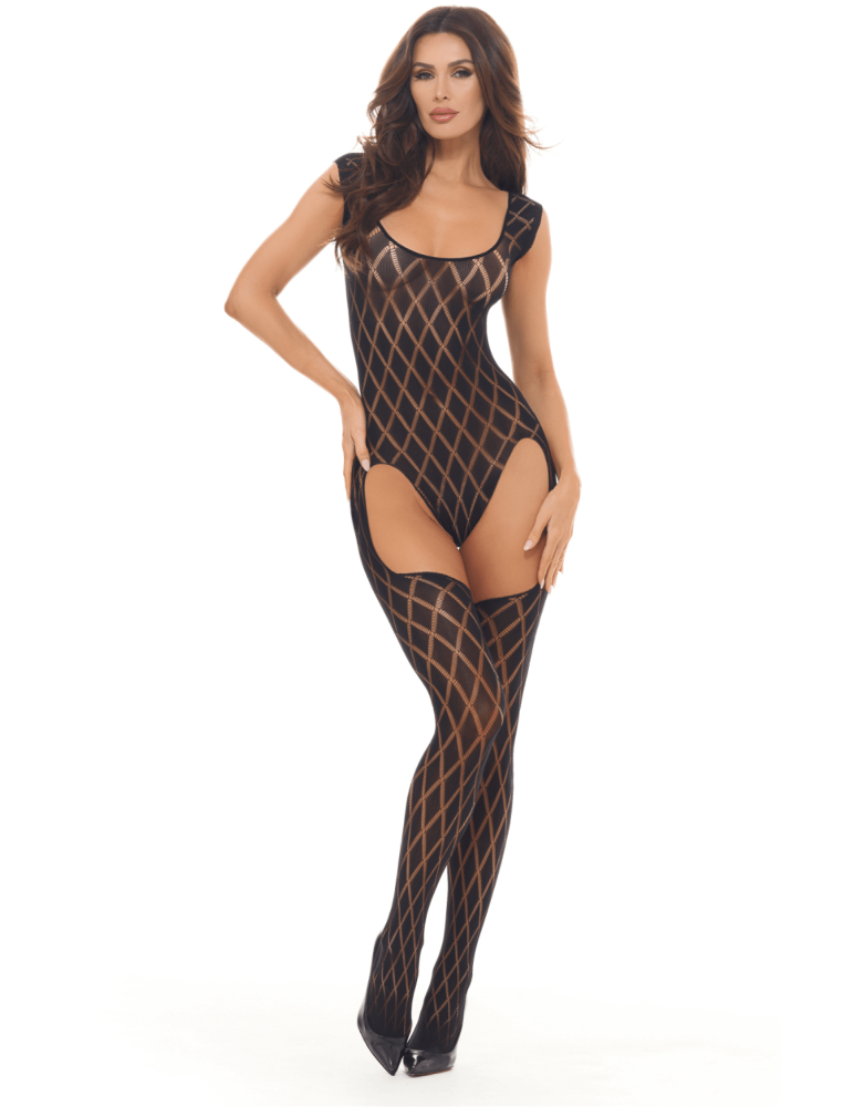 Combinaison body en résille noire avec bas intégrés