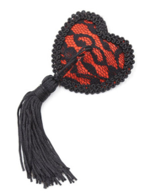 Paire de cache tétons adhésifs en forme de cœur avec dentelle noire et pompom