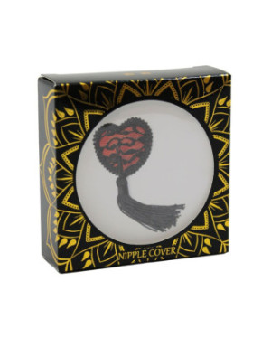 Paire de cache tétons adhésifs en forme de cœur avec dentelle noire et pompom