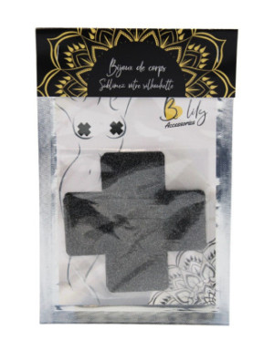 Paire de cache tétons adhésifs croix pailletée noir
