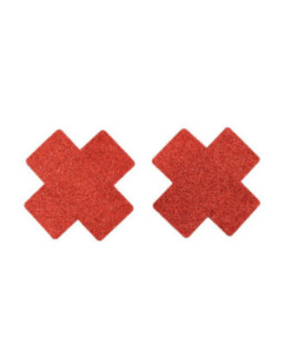 Paire de cache tétons adhésifs croix pailletée rouge