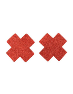 Paire de cache tétons adhésifs croix pailletée rouge