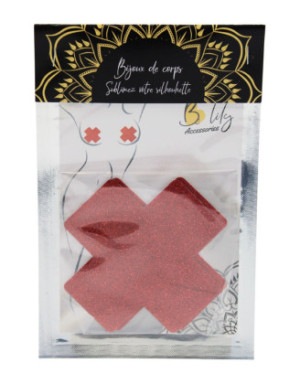 Paire de cache tétons adhésifs croix pailletée rouge