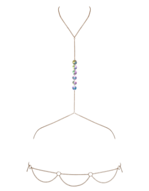 2 Chaines de corps dorées avec strass irisées effet hologramme
