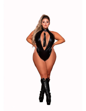 Body en simili cuir grande taille, extensible avec col clouté et fouet