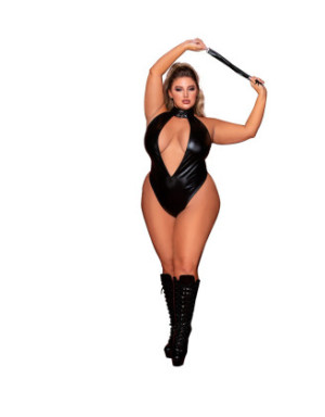 Body en simili cuir grande taille, extensible avec col clouté et fouet