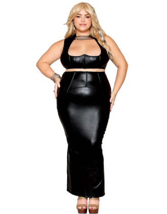 Ensemble Soutien-gorge et jupe longue, grande taille, noir en simili cuir