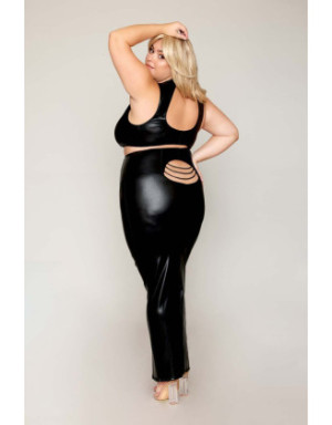 Ensemble Soutien-gorge et jupe longue, grande taille, noir en simili cuir