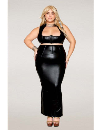 Ensemble Soutien-gorge et jupe longue, grande taille, noir en simili cuir