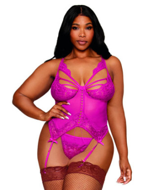 Bustier porte jarretelles grande taille rose avec string
