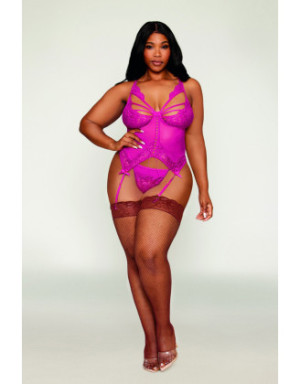 Bustier porte jarretelles grande taille rose avec string