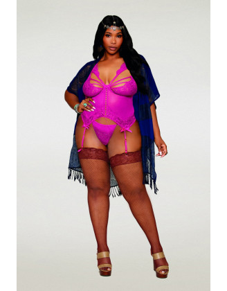 Bustier porte jarretelles grande taille rose avec string