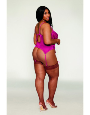 Bustier porte jarretelles grande taille rose avec string