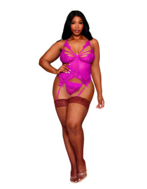Bustier porte jarretelles grande taille rose avec string