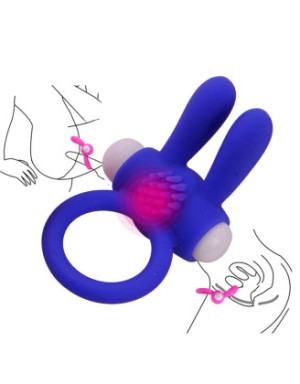 Anneau vibrant silicone bleu avec oreilles de lapin
