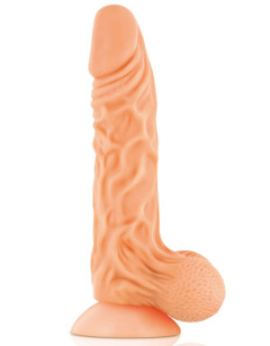 Gode réaliste veiné ventouse va-et-vient prépuce testicules billes mouvantes 22cm