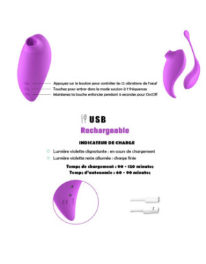 2en1 Stimulateur clitoridien à picots par aspiration avec son œuf vibrant à distance violet